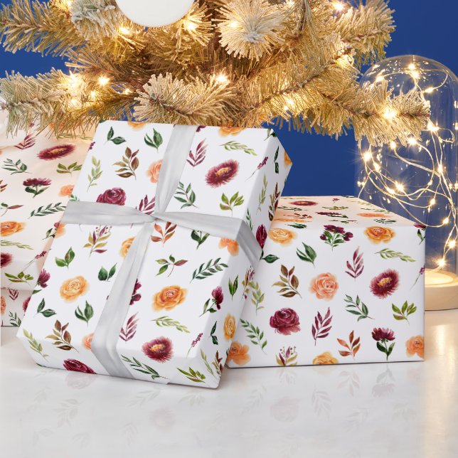 Red and Orange Flowers with Foliage Pattern Wrapping Paper (Holidays)