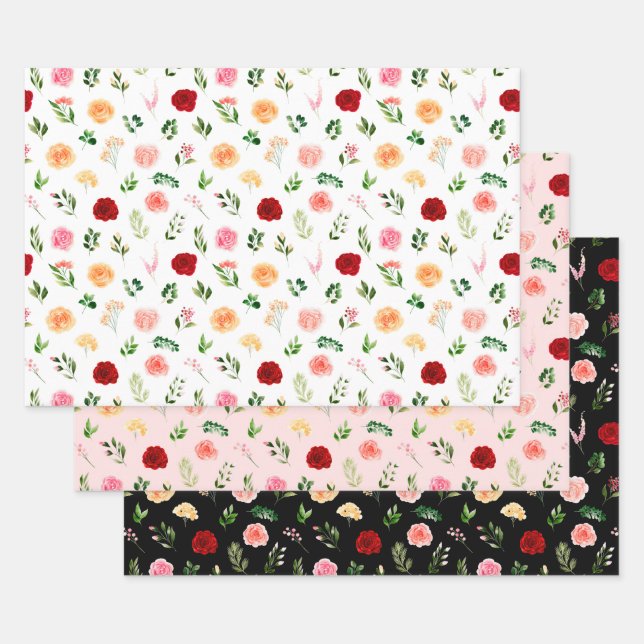 Red and Orange Flowers with Foliage Pattern Wrapping Paper Sheet (Set)