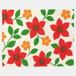 Red and Orange Flowers with Green Leaves Fleece Blanket