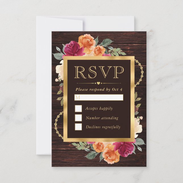 Red and Orange Gold Frame Flowers Wedding RSVP Card (Front)