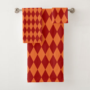 Red and Orange Harlequin Checkered Design Bath Towel Set