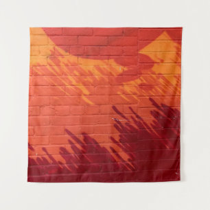 Red and orange painted brick wall tapestry