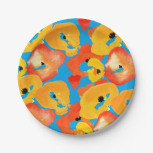 Red and orange poppies floral art paper plate