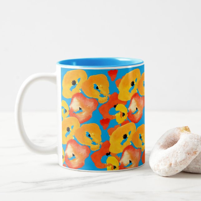 Red and orange poppies floral art Two-Tone coffee mug (With Donut)