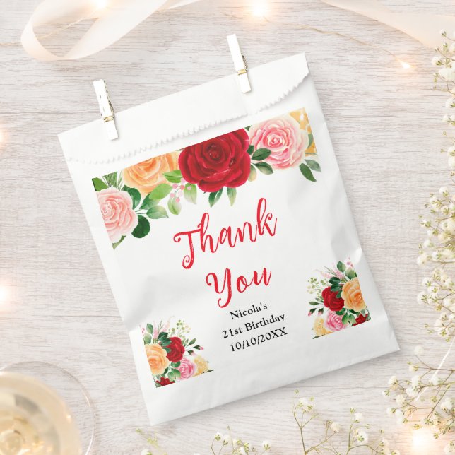 Red and Orange Roses Birthday Thank You Favour Bags (Clipped)