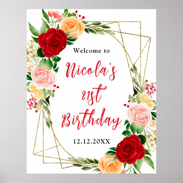 Red and Orange Roses Birthday Welcome Poster (Front)