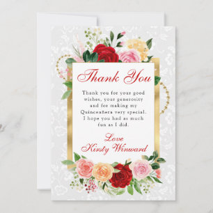 Red and Orange Roses Flowers Gold Quinceanera Thank You Card