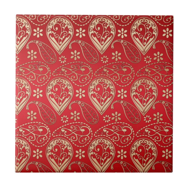 Red And Pale Gold Paisley Tile (Front)