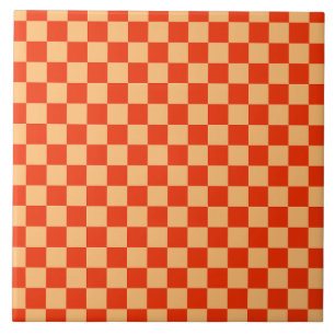 Red and Peach Check Chequered Chequerboard Pattern Tile