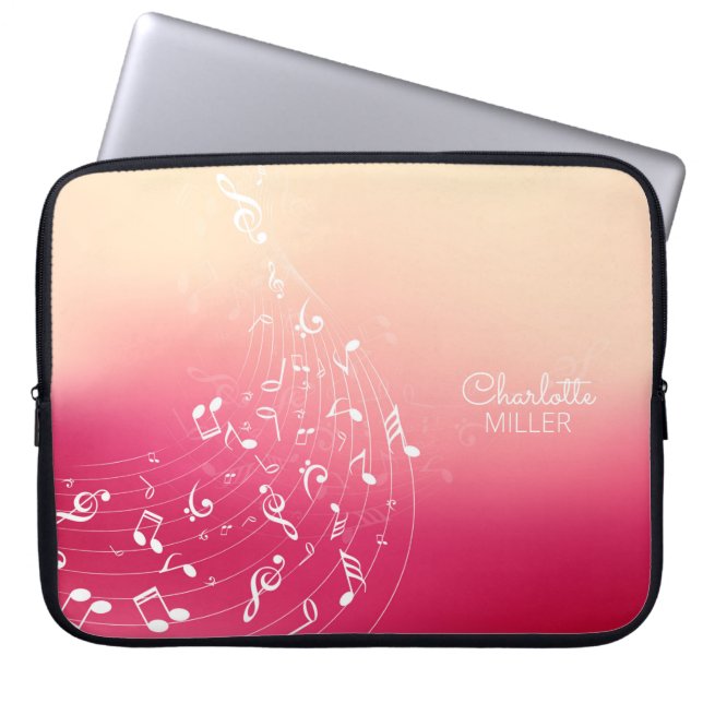 Red and Peach Music Notes and Custom Name Laptop Sleeve (Front)