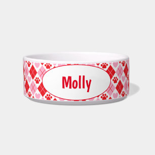 Red and Pink Argyle & Heart Paw Print Bowl