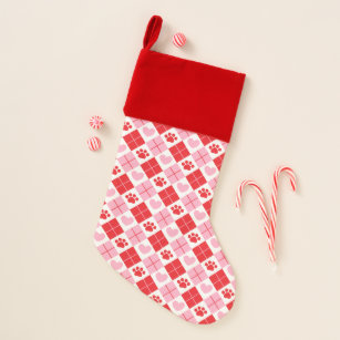Red and Pink Argyle Paw Print & Heart Pattern Christmas Stocking