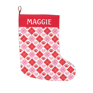 Red and Pink Argyle Paw Print & Heart Pattern Large Christmas Stocking