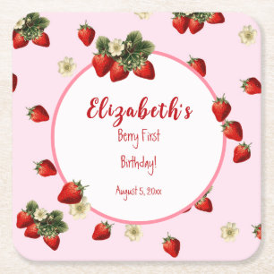 Red and Pink Berry First Baby Girl Birthday Party Square Paper Coaster
