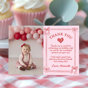 Red and Pink Bow Cake Birthday Photo Thank You Card