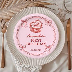 Red and Pink Bow Cake Girls Birthday Paper Plate