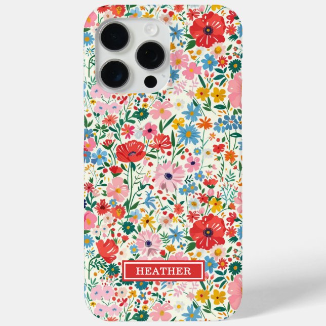 Red and Pink Ditsy Flowers Monogrammed Case-Mate iPhone Case (Back)