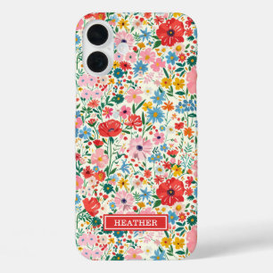 Red and Pink Ditsy Flowers Monogrammed iPhone 16 Plus Case