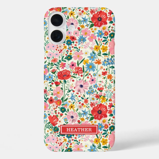Red and Pink Ditsy Flowers Monogrammed Case-Mate iPhone Case (Back)