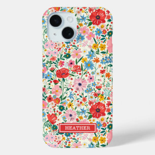 Red and Pink Ditsy Flowers Monogrammed iPhone 15 Case