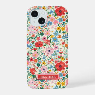 Red and Pink Ditsy Flowers Monogrammed iPhone 15 Case
