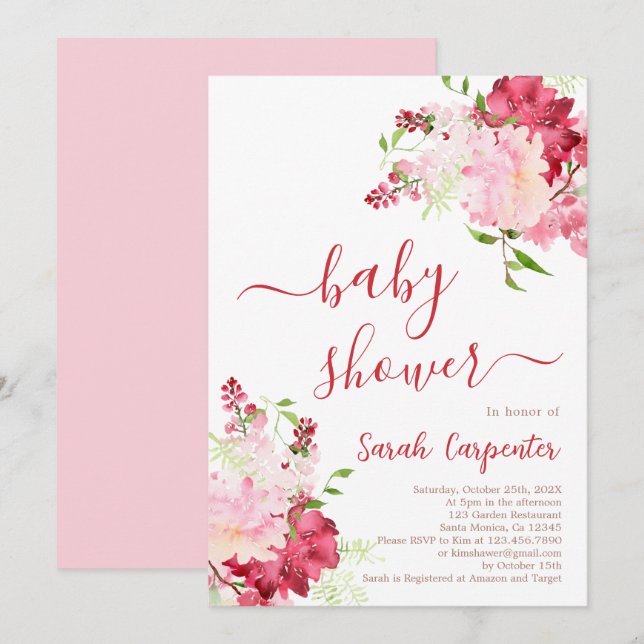 Red and Pink Floral Baby Shower Girl Invitation (Front/Back)