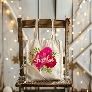 Red and Pink Floral Bridesmaid Personalised Name Tote Bag
