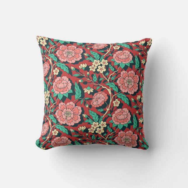 Red and Pink Floral Chinoiserie Pattern Cushion (Front)