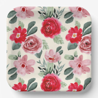 Red and pink Floral Pattern Paper Plate