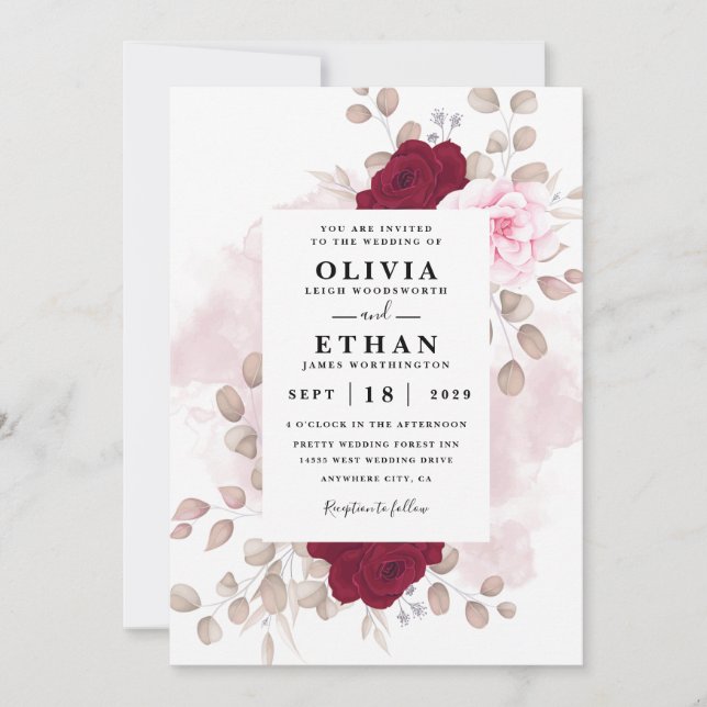 Red and Pink Floral Rustic Elegant White Wedding Invitation (Front)