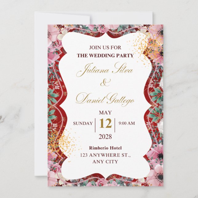 Red and pink floral wedding invitation (Front)