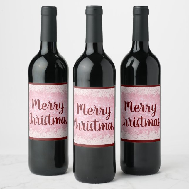 Red and Pink frost Merry Christmas Wine Label (Bottles)
