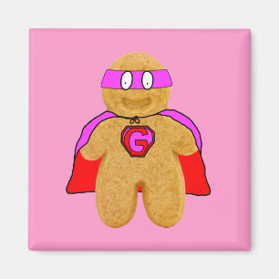 red and pink gingerbread man super hero magnet
