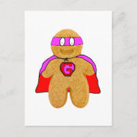 red and pink gingerbread man super hero postcard