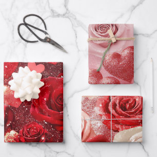 Red and Pink Glitter Hearts and Roses Valentine's  Wrapping Paper Sheet