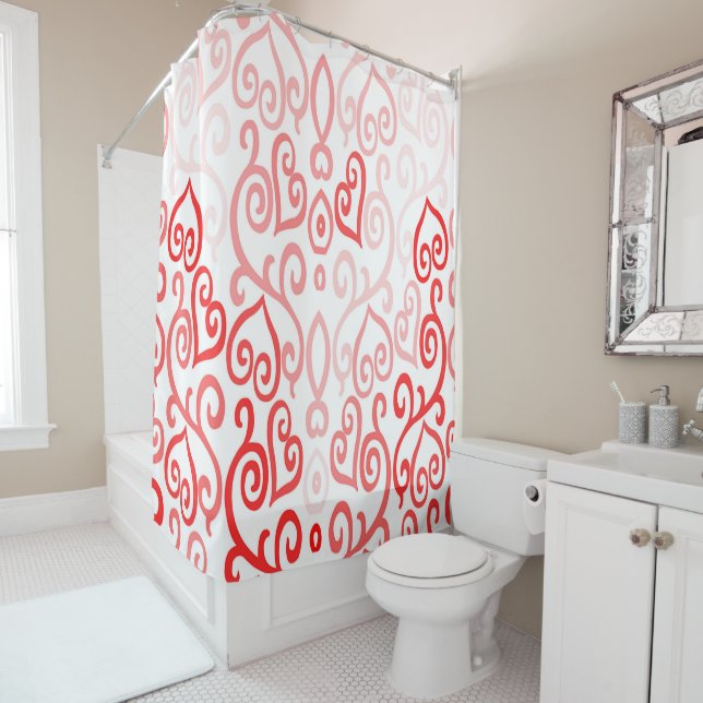Red and Pink Heart Pattern Shower Curtain (In Situ)
