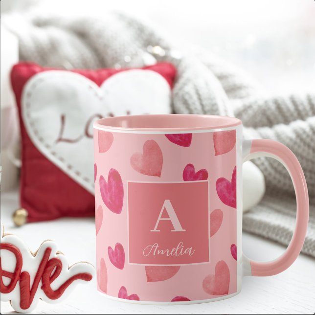 Red and Pink Heart Personalised Monogram Name Mug (Creator Uploaded)