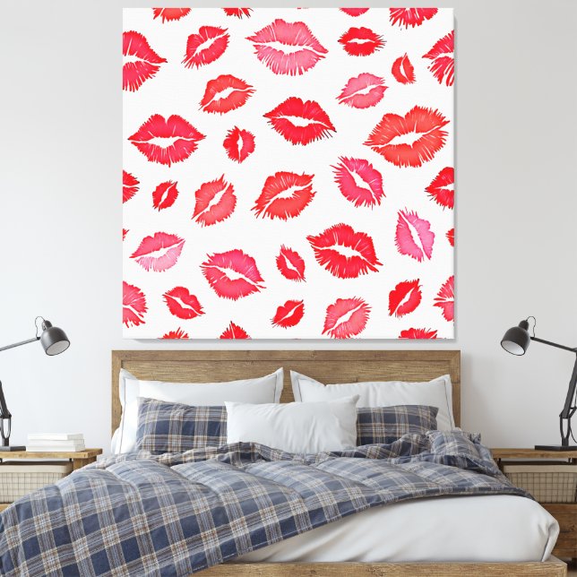 Red and Pink Lip Pattern Art Canvas Print (Insitu(Bedroom))