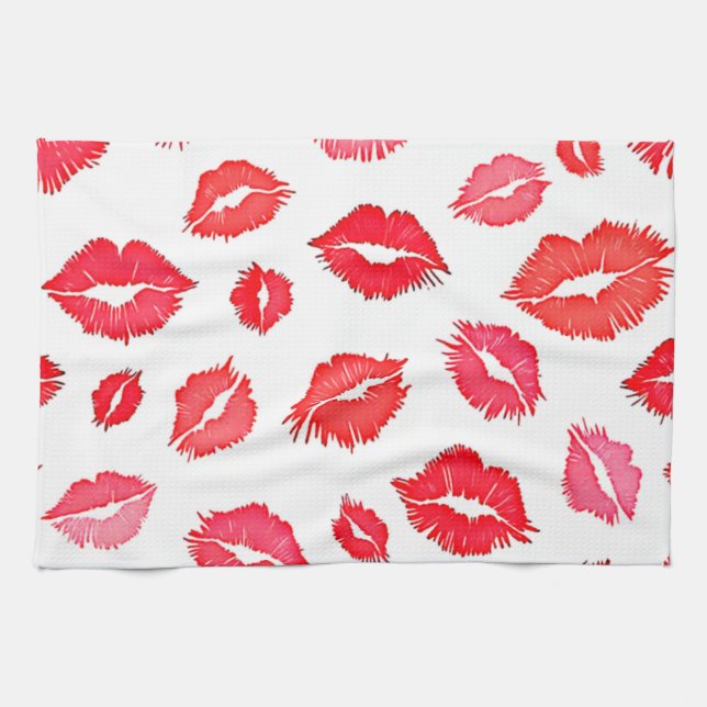 Red and Pink Lip Pattern Art Tea Towel (Horizontal)