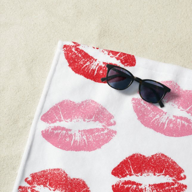 Red and Pink Lips, Pattern Of Lips, Lipstick, Kiss Beach Towel (In Situ)