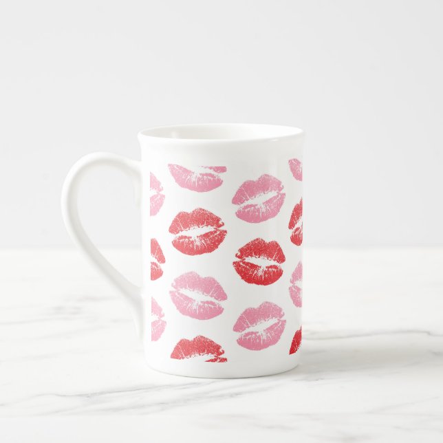 Red and Pink Lips, Pattern Of Lips, Lipstick, Kiss Bone China Mug (Left)