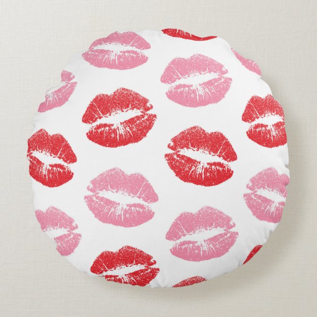 Red and Pink Lips, Pattern Of Lips, Lipstick, Kiss Round Cushion (Front)