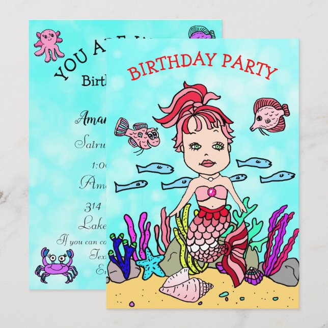 Red and Pink Mermaid Under the Sea Birthday Party Invitation (Front/Back)
