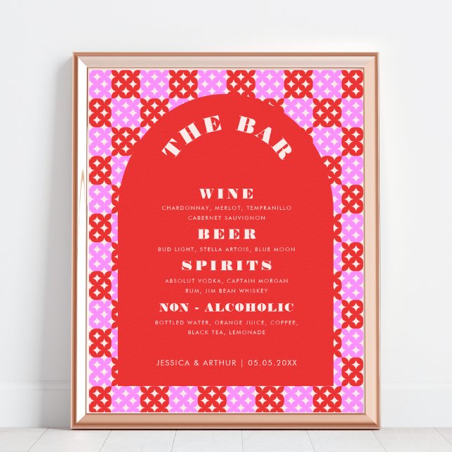 Red and Pink Midcentury Mod Wedding Bar Drink Menu Poster (Creator Uploaded)