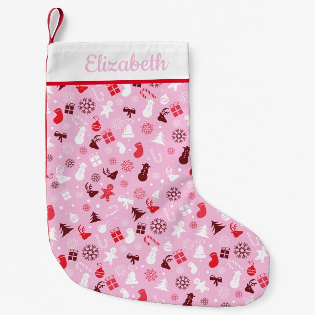 Red And Pink Mistletoe Snow Festive Pattern Small Christmas Stocking (Front)