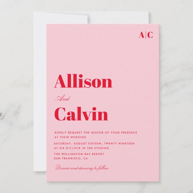 red and pink modern text wedding invitation (Front)