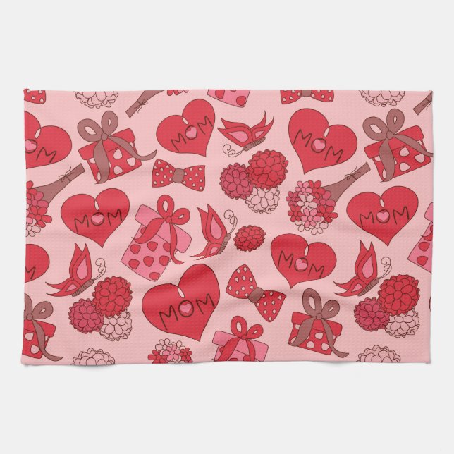 Red And Pink Mothers Day Pattern Tea Towel (Horizontal)