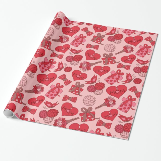 Red And Pink Mothers Day Pattern Wrapping Paper (Unrolled)