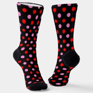 Red and Pink On Black Polka Dots Design Socks