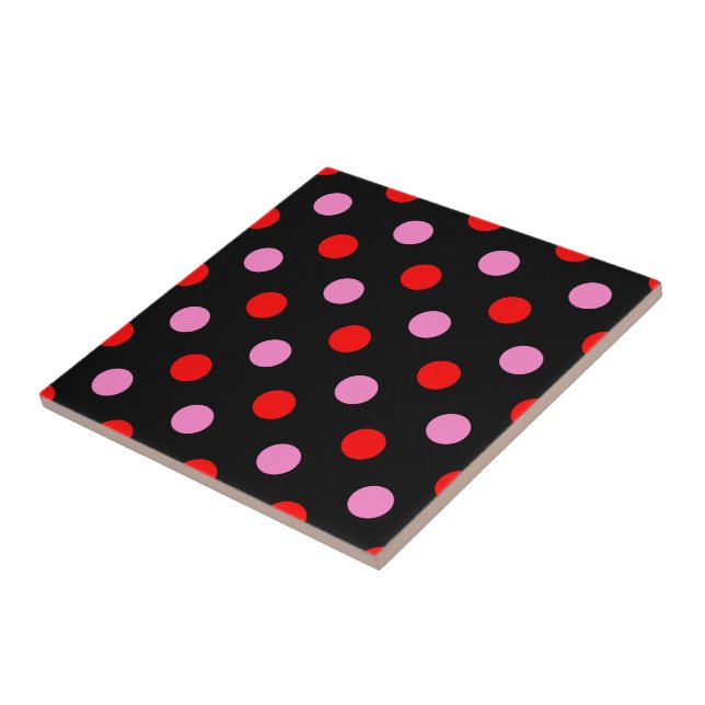 Red and Pink On Black Polka Dots Design  Tile (Side)